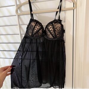 VS Elegant Black Lace Babydoll Lingerie